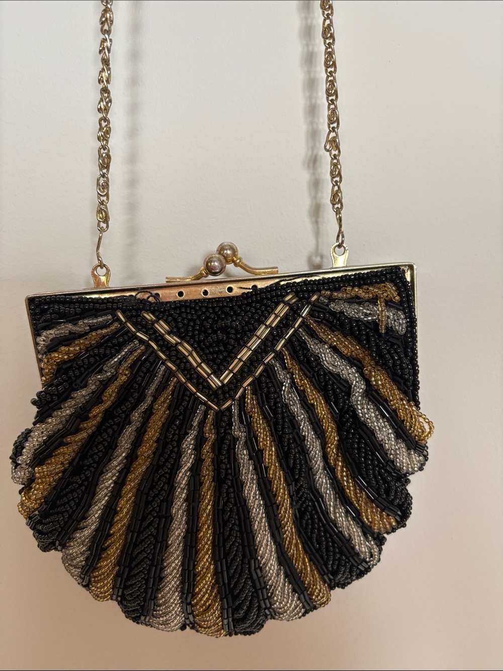 Regal Beaded Shell Clutch Purse Black Gold Silver Evening Bag